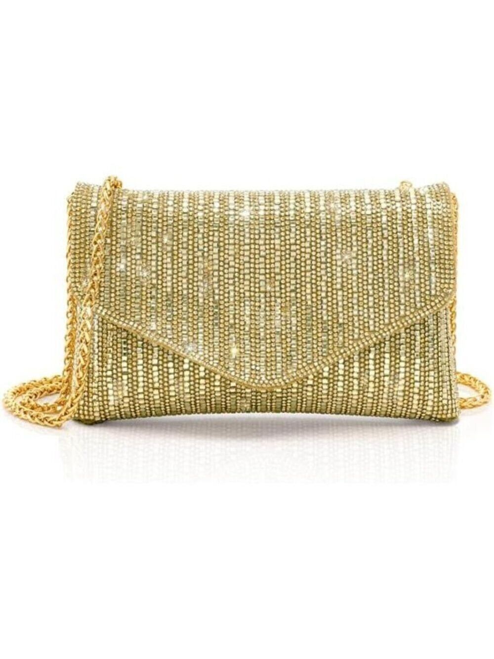 Golden Pearl Rhinestone Bow Flip Clutch Wedding Prom Cocktail Mini Bag